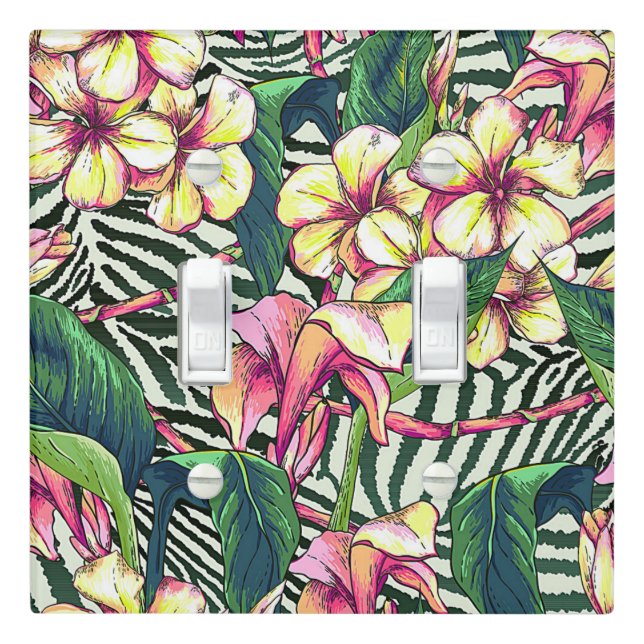 Bold HAWAIIAN Floral Monstera Leaves & Plumeria Light Switch Cover (In Situ)