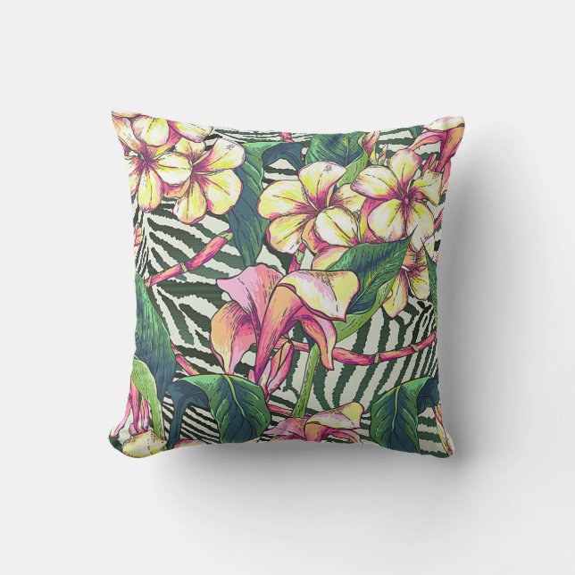 Bold HAWAIIAN Floral Monstera Leaves & Plumeria Outdoor Pillow (Front)