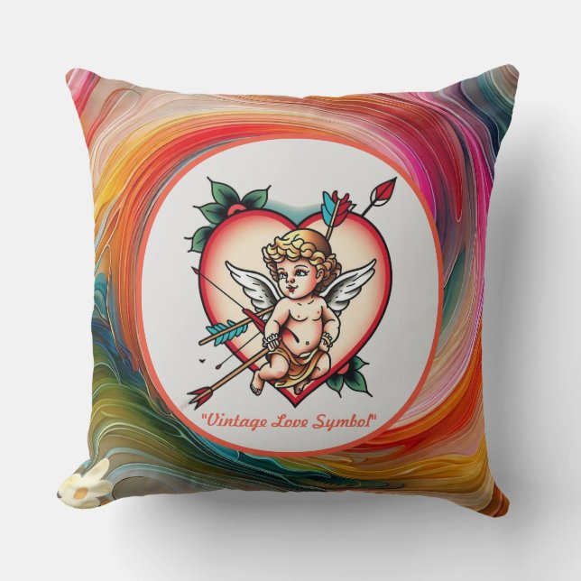 Bold Heart and Cupid Art Throw Pillow (Front)