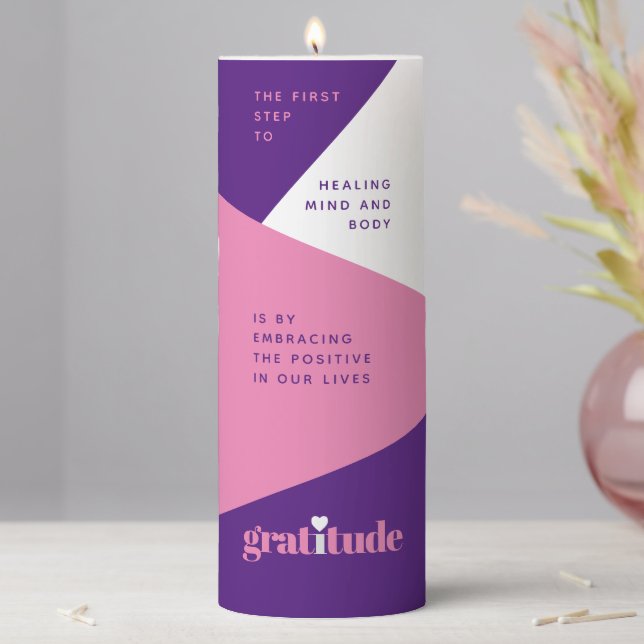 Bold Heart Purple Pink Gratitude Affirmations Pillar Candle (In Situ)