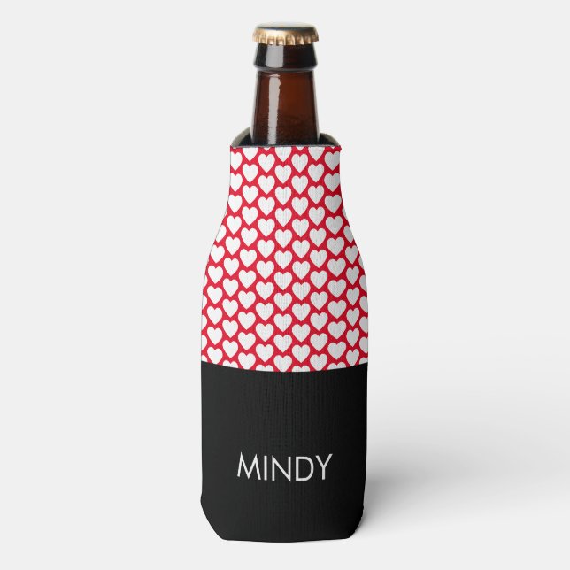 Bold Hearts  White Red Black Pattern  Bottle Cooler (Bottle Front)