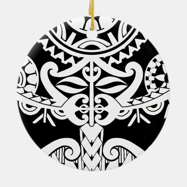 Bold heavy black tribal polynesian tattoo mask ceramic ornament (Back)