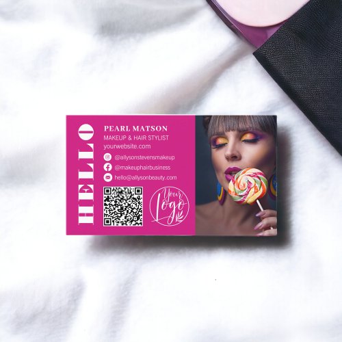 Bold hello neon pink Qr photo logo social media  Business Card