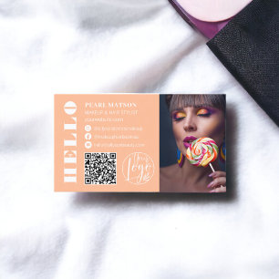 Bold hello peach Qr photo logo social media Business Card