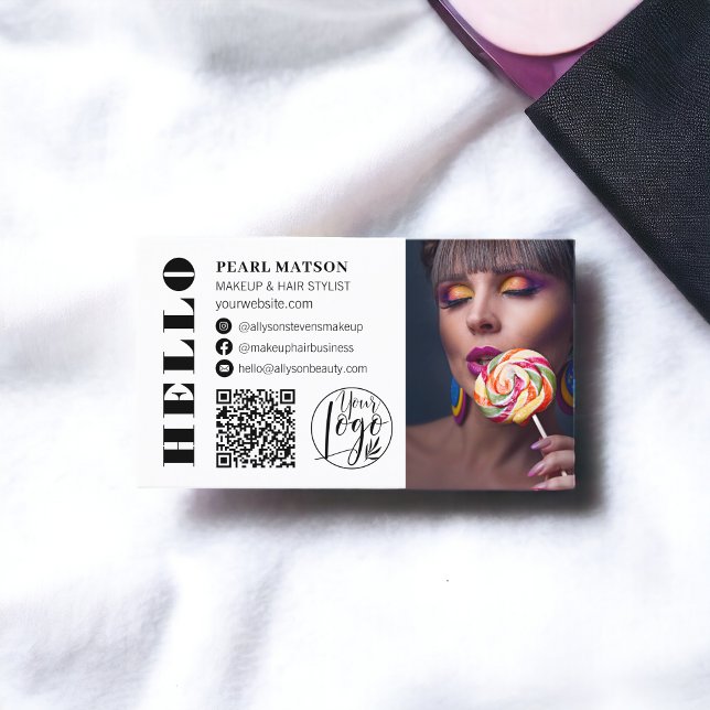 Bold hello white chic Qr photo logo social media  Business Card (Bold hello white chic Qr photo logo social media Business Card)