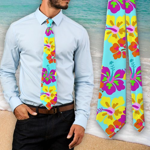 Bold Hibiscus Floral Pattern Aqua Wedding Tie