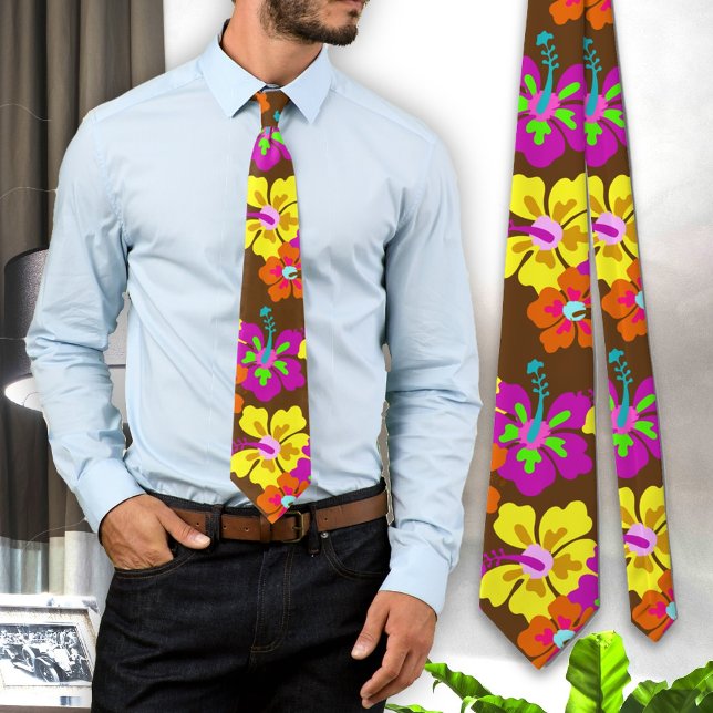 Bold Hibiscus Floral Pattern Brown Grooms Tie (Creator Uploaded)