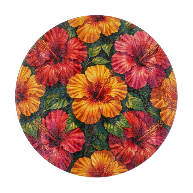 Bold Hibiscus Flowers Tropical Sunset Pattern Cutting Board (Front)