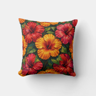 Bold Hibiscus Flowers Tropical Sunset Pattern Throw Pillow