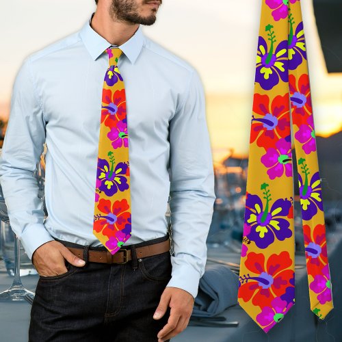 Bold Hibiscus Pattern Gold Wedding Tie