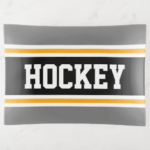 Bold HOCKEY Gray Black Orange Racing Stripes Trinket Tray