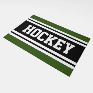 Bold HOCKEY Text Black White Forest Green Stripes Doormat