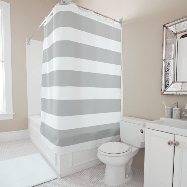 Bold Horizontal Cabana Striped Grey Shower Curtain (In Situ)