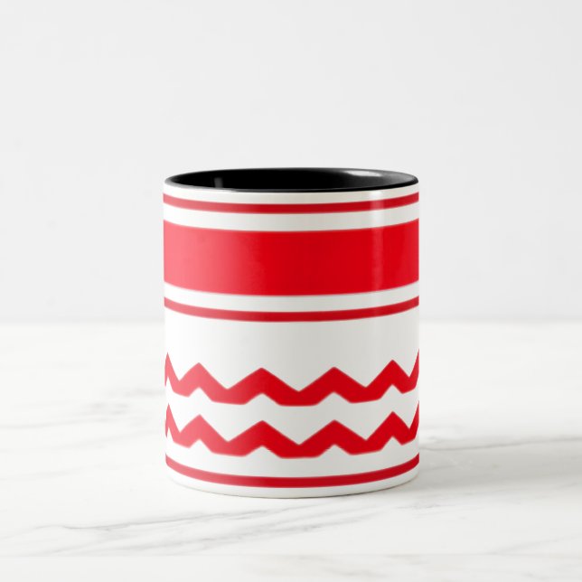 Bold Horizontal Red Stripes with Zigzag Pattern Two-Tone Coffee Mug (Center)