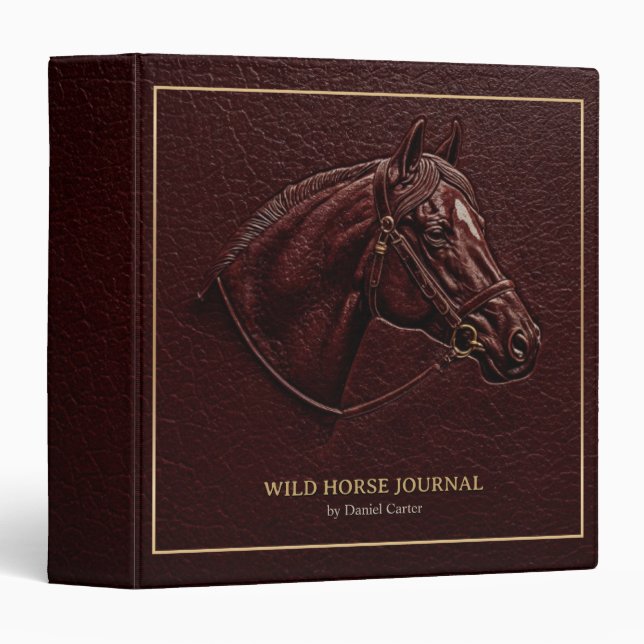 Bold Horse Head Gold Frame Classic Brown Leather 3 Ring Binder (Front/Spine)