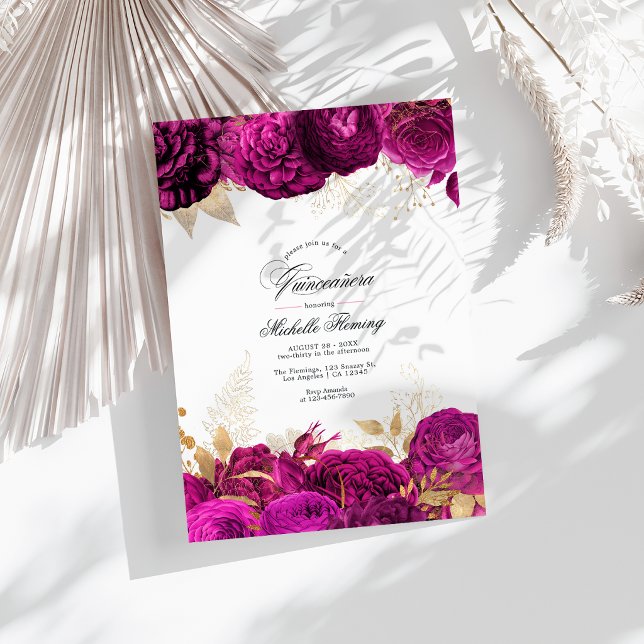 Bold Hot-Pink and Gold Floral Quinceañera Photo Invitation (Bold Hot-Pink and Gold Floral Quinceañera Photo Invitation)