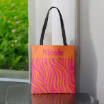 Bold Hot Pink and Orange Abstract with Name Tote Bag<br><div class="desc">Bright and bold, this stylish hot pink and orange tote design makes an awesome bridesmaid's gift to fill with items for a bridesmaid's getaway or girl's night out. It's also a nice fashion accessory for ladies to use as a handy carryall for shopping, school, and errand-running. Personalize the text template...</div>