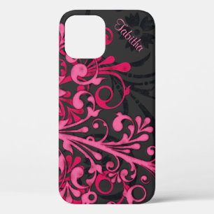 Bold Hot Pink Black Elegant Floral iPhone 12 Case