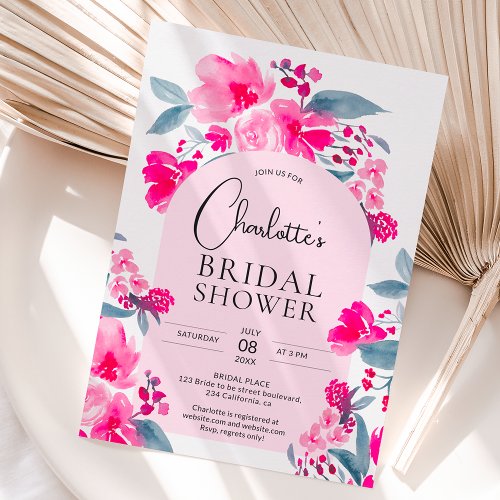 Bold hot pink blue floral arch chic bridal shower invitation