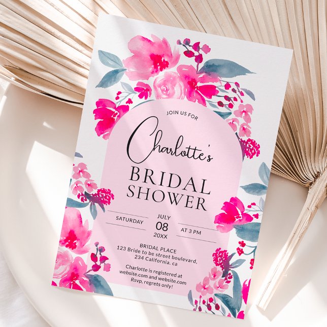 Bold hot pink blue floral arch chic bridal shower invitation (Creator Uploaded)