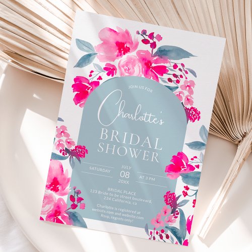 Bold hot pink blue floral arch chic bridal shower invitation