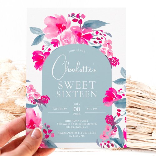 Bold hot pink blue floral arch chic Sweet 16 Invitation