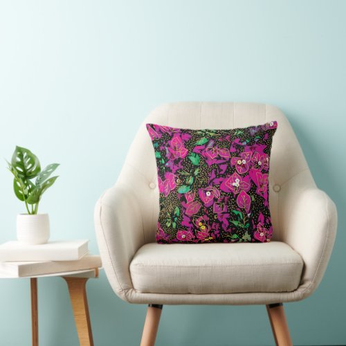Bold Hot Pink Bougainvillea Polka Dot Pattern Throw Pillow