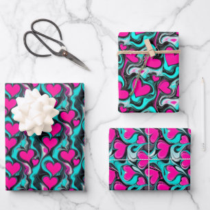 Bold Hot Pink Hearts on Marbled Teal and Black Wrapping Paper Sheets
