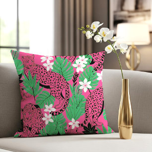Bold Hot Pink Leopard Tropical Jungle Seamless Pat Throw Pillow