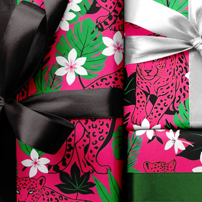 Bold Hot Pink Leopard Tropical Jungle Seamless Pat Wrapping Paper (Creator Uploaded)