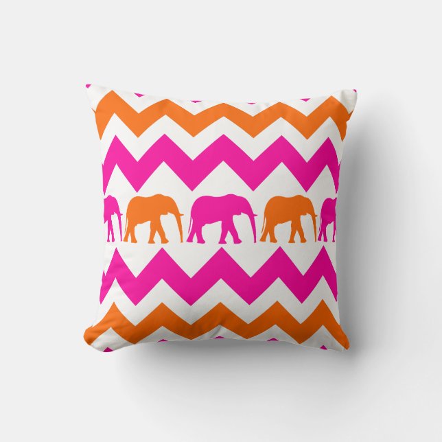 Bold Hot Pink Orange Elephants Chevron Stripes Throw Pillow (Front)