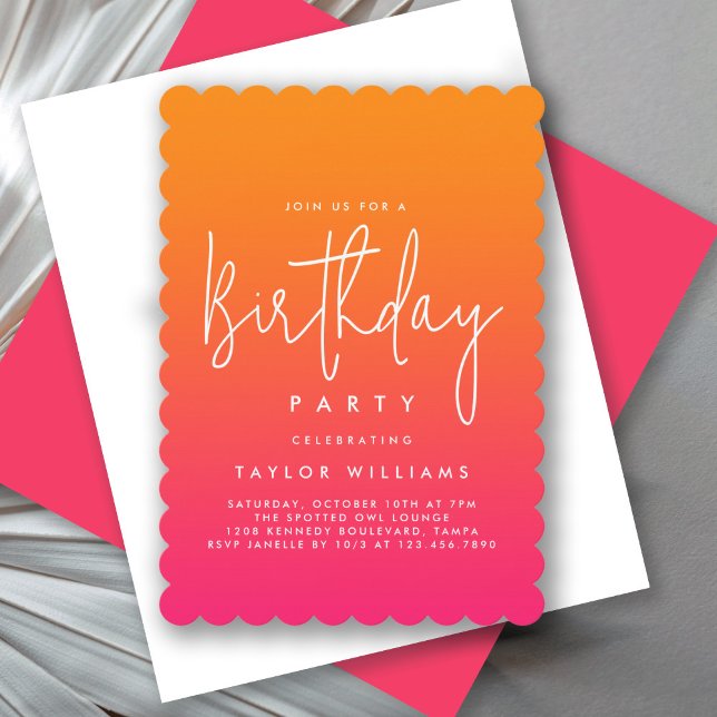 Bold Hot Pink Orange Ombré Simple Minimal Birthday Invitation (Available in both printed and instant download digital formats.)