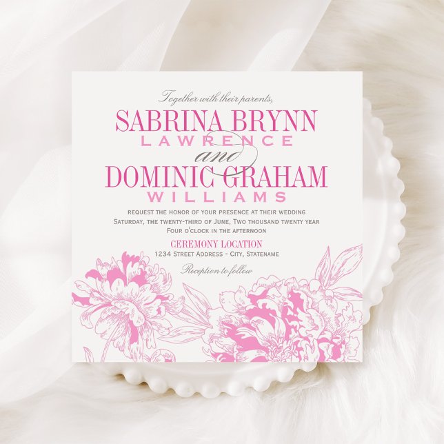 Bold Hot Pink Peony and Gray Wedding Invitation (Creator Uploaded)