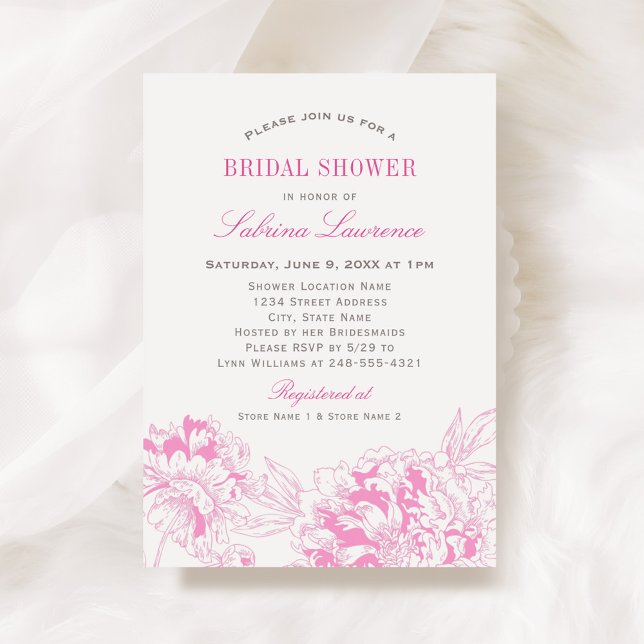 Bold Hot Pink Peony Sketch Wedding Shower Invitation (Creator Uploaded)