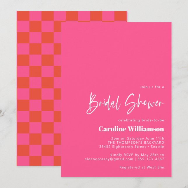 Bold Hot Pink Red Retro Checkerboard Bridal Shower Invitation (Front/Back)