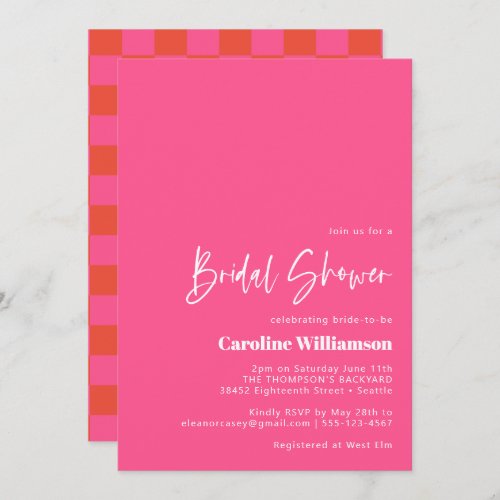 Bold Hot Pink Red Retro Checkerboard Bridal Shower Invitation
