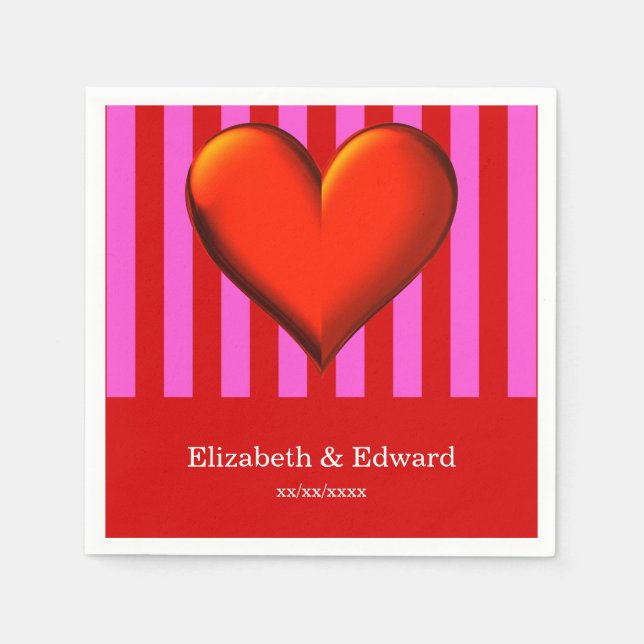Bold Hot Pink, Red Stripes, Red Metallic Heart Napkins (Front)