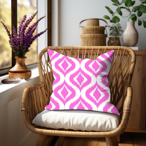 Bold Hot Pink Retro Chic Ikat Ogee Art Pattern Throw Pillow