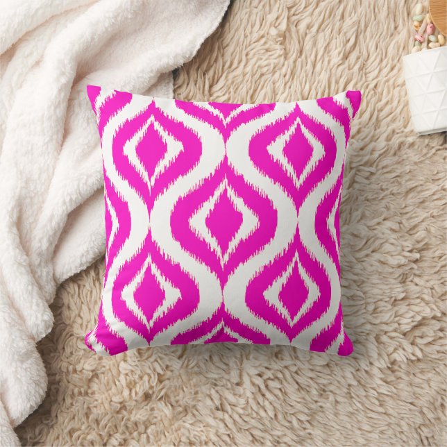 Bold Hot Pink Retro Chic Ikat Ogee Art Pattern Throw Pillow (Blanket)