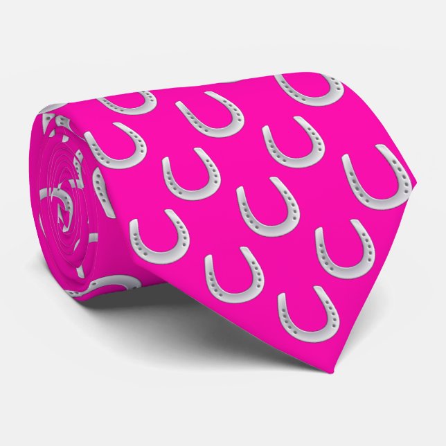 Bold Hot Pink & Silver Horseshoe Derby Neck Tie (Rolled)