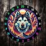 Bold Husky Vista Wall Design Dart Board<br><div class="desc">Take your game room or man cave to the next level with the Bold Husky Vista Wall Design. This striking decor piece showcases a majestic husky framed by glowing mountain peaks and a stunning sunset, making it the perfect statement piece for any room. Whether you’re hosting a birthday party, relaxing...</div>