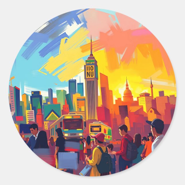 Bold Impressionistic Cityscape Classic Round Sticker (Front)