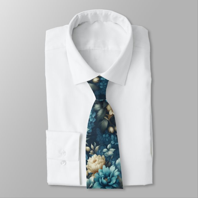 Bold in Blue & Delicate Cream Florals  Neck Tie (Tied)