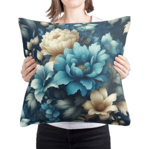 Bold in Blue & Delicate Cream Florals Throw Pillow
