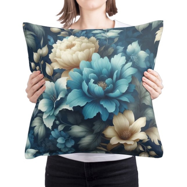 Bold in Blue & Delicate Cream Florals  Throw Pillow (Creator Uploaded)