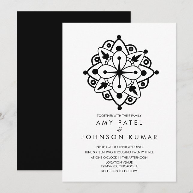 Bold Indian Hindu Black White Wedding  Invitation (Front/Back)