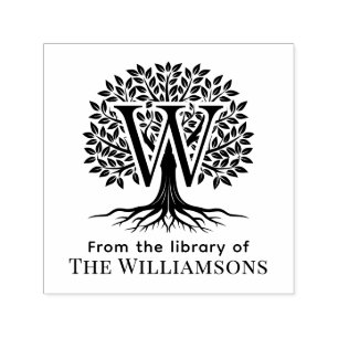 Bold Initial Over Tree of Life Library Name #2B2 Self-inking Stamp