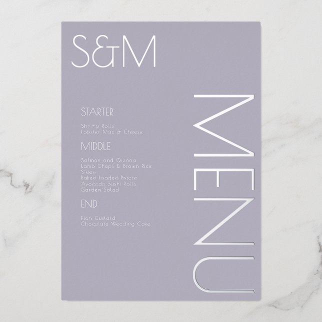 Bold Initial Wedding Pressed Silver Menu Cards (Front)