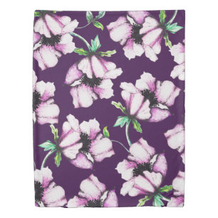 Bold Ink & Watercolor Purple Flowers Striped Duvet Cover