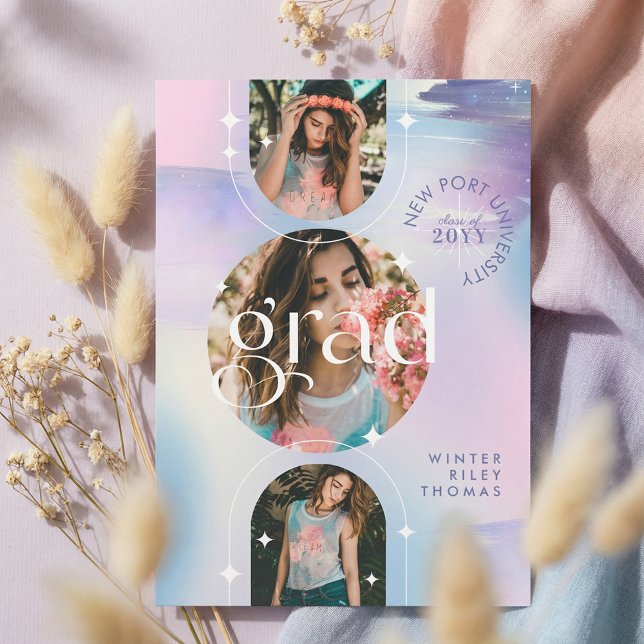 Bold Iridescent Watercolor Photo Grad Announcement (Iridescent Watercolor Photo Graduation Announcemen Invitation)